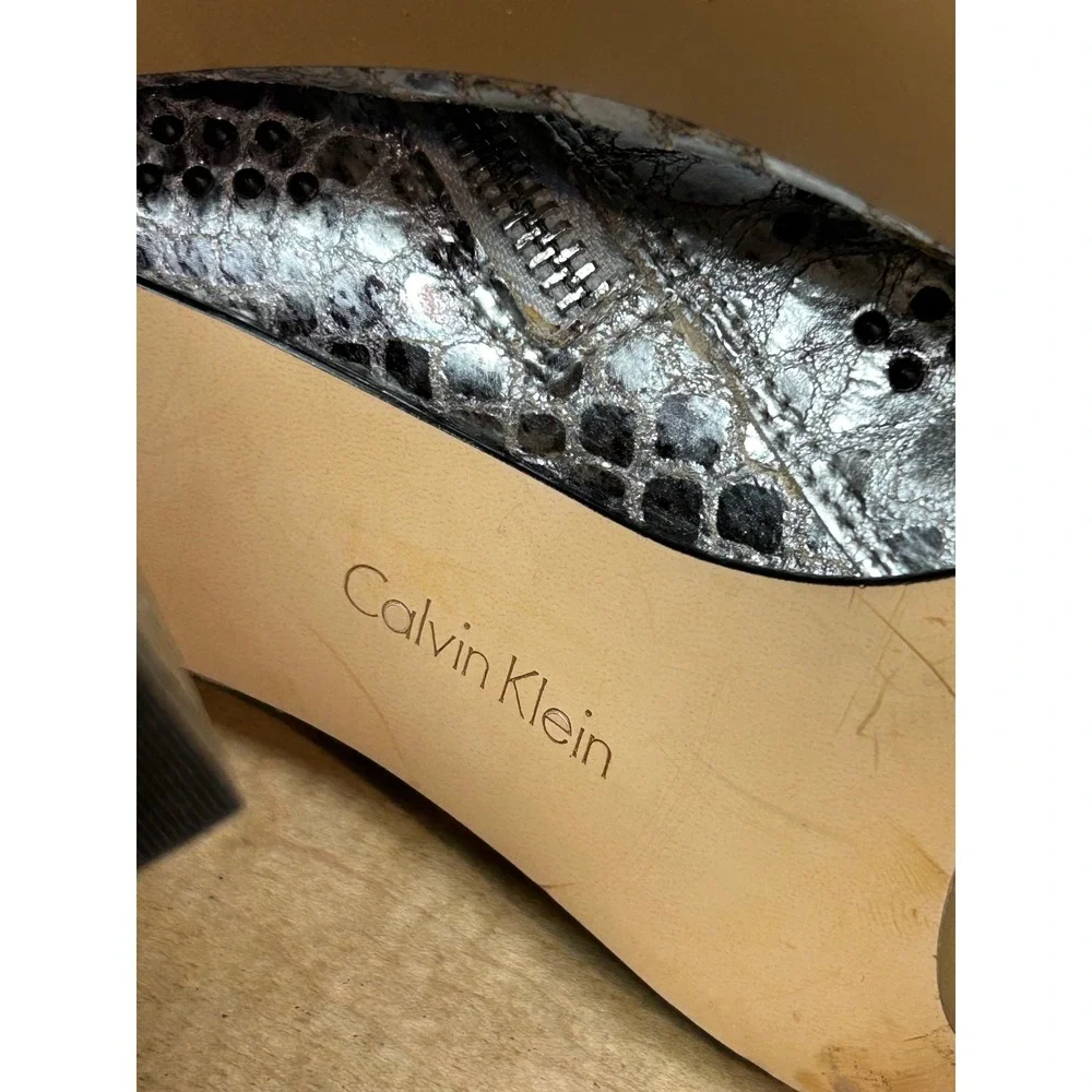 Calvin Klein Jules Booties Women 9.5 Silver Metallic Snakeskin Beaded Peep Toe